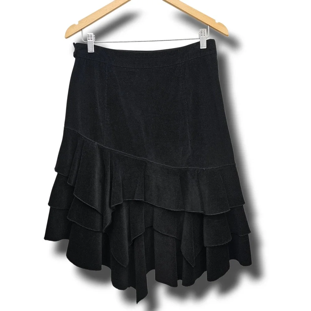 Y2K Corduroy Skirt 8 Black Tiered Ruffle Renaissance Western Dark Fairy Boho Vtg